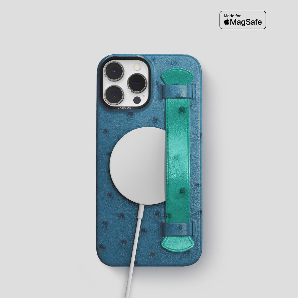 Blue-Jeans-Green iPhone 13 Pro Handle Case Colore Ostrich with Black Metal -5 | Blue-Jeans-Green-Black