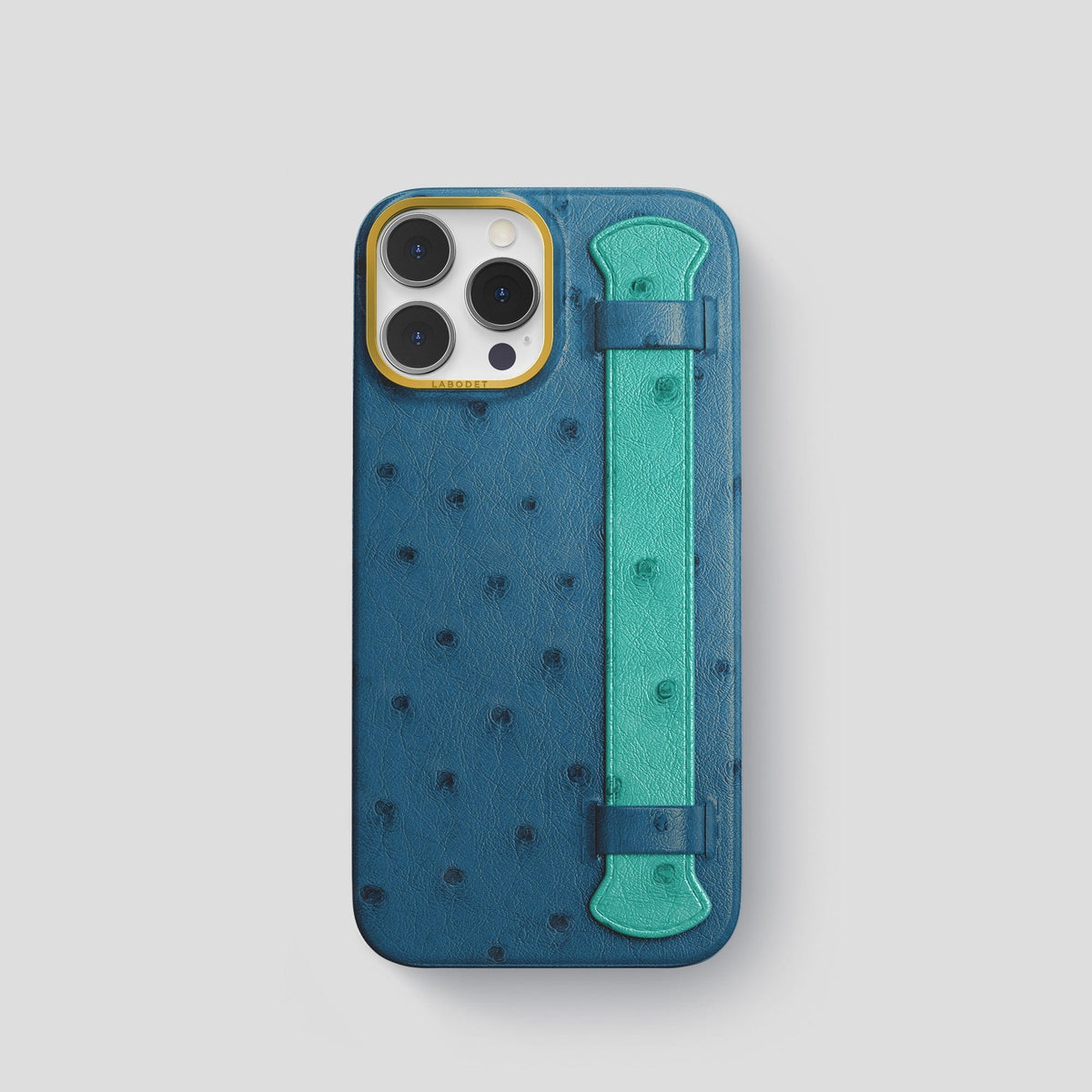 Blue-Jeans-Green iPhone 13 Pro Handle Case Colore Ostrich with Gold Metal -1 | Blue-Jeans-Green-Gold