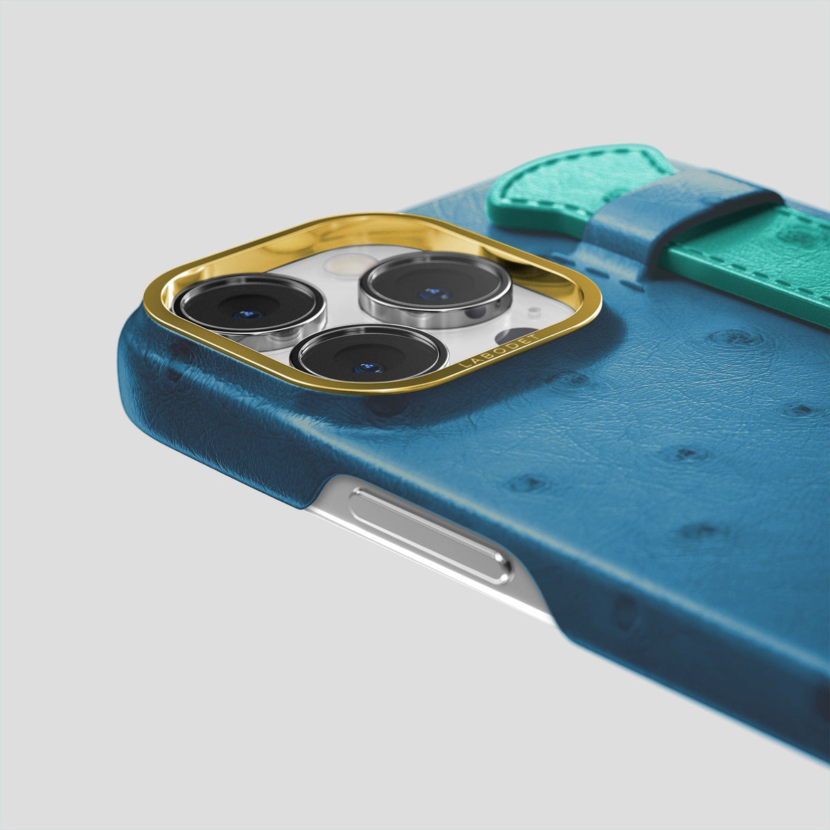 Blue-Jeans-Green iPhone 13 Pro Handle Case Colore Ostrich with Gold Metal -6 | Blue-Jeans-Green-Gold