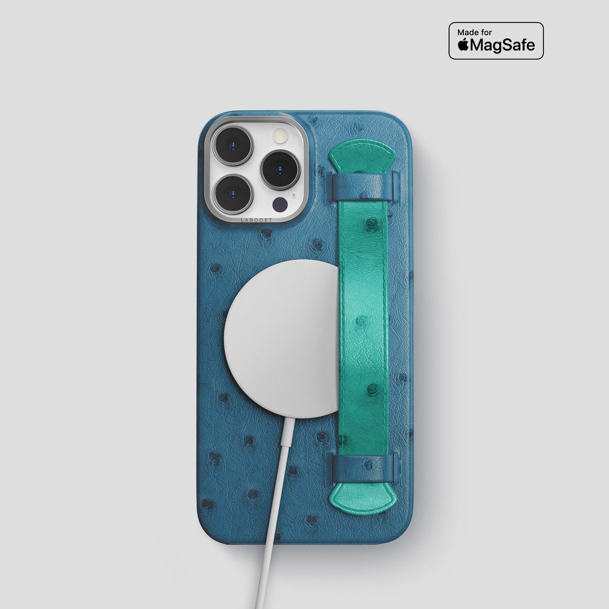 Blue-Jeans-Green iPhone 13 Pro Handle Case Colore Ostrich with Steel Metal -5 | Blue-Jeans-Green-Steel