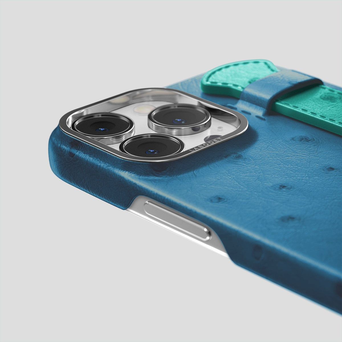 Blue-Jeans-Green iPhone 13 Pro Handle Case Colore Ostrich with Steel Metal -6 | Blue-Jeans-Green-Steel