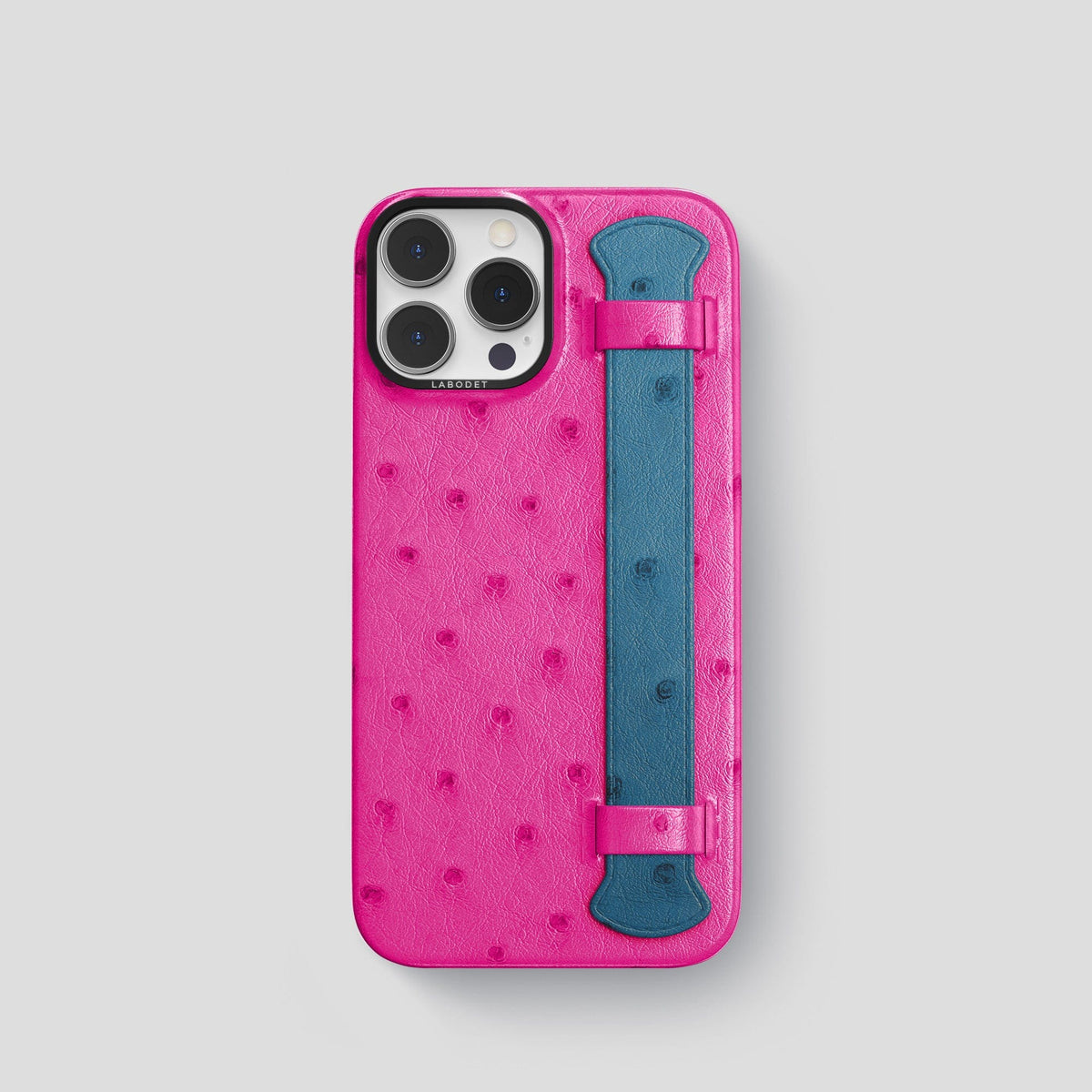 Fuchsia-Blue-Jeans iPhone 13 Pro Handle Case Colore Ostrich with Black Metal -1 | Fuchsia-Blue-Jeans-Black