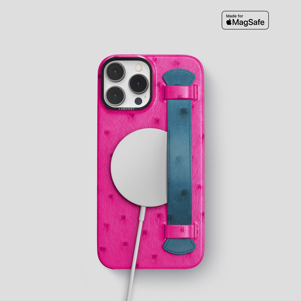 Fuchsia-Blue-Jeans iPhone 13 Pro Handle Case Colore Ostrich with Black Metal -5 | Fuchsia-Blue-Jeans-Black