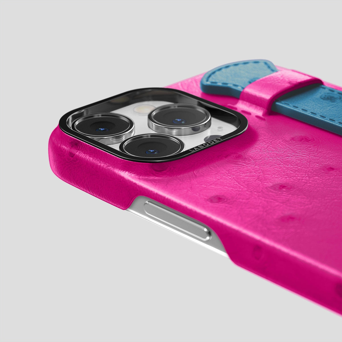 Fuchsia-Blue-Jeans iPhone 13 Pro Handle Case Colore Ostrich with Black Metal -6 | Fuchsia-Blue-Jeans-Black