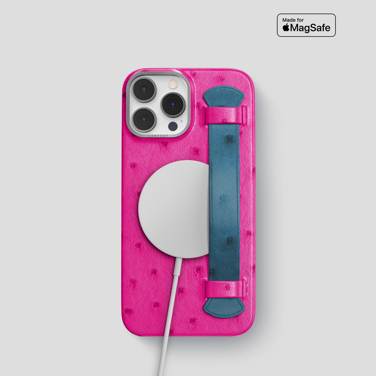 Fuchsia-Blue-Jeans iPhone 13 Pro Handle Case Colore Ostrich with Steel Metal -5 | Fuchsia-Blue-Jeans-Steel