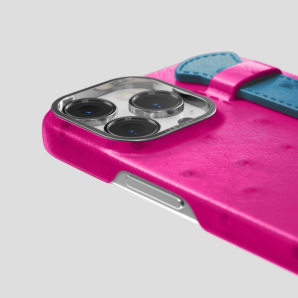 Fuchsia-Blue-Jeans iPhone 13 Pro Handle Case Colore Ostrich with Steel Metal -6 | Fuchsia-Blue-Jeans-Steel