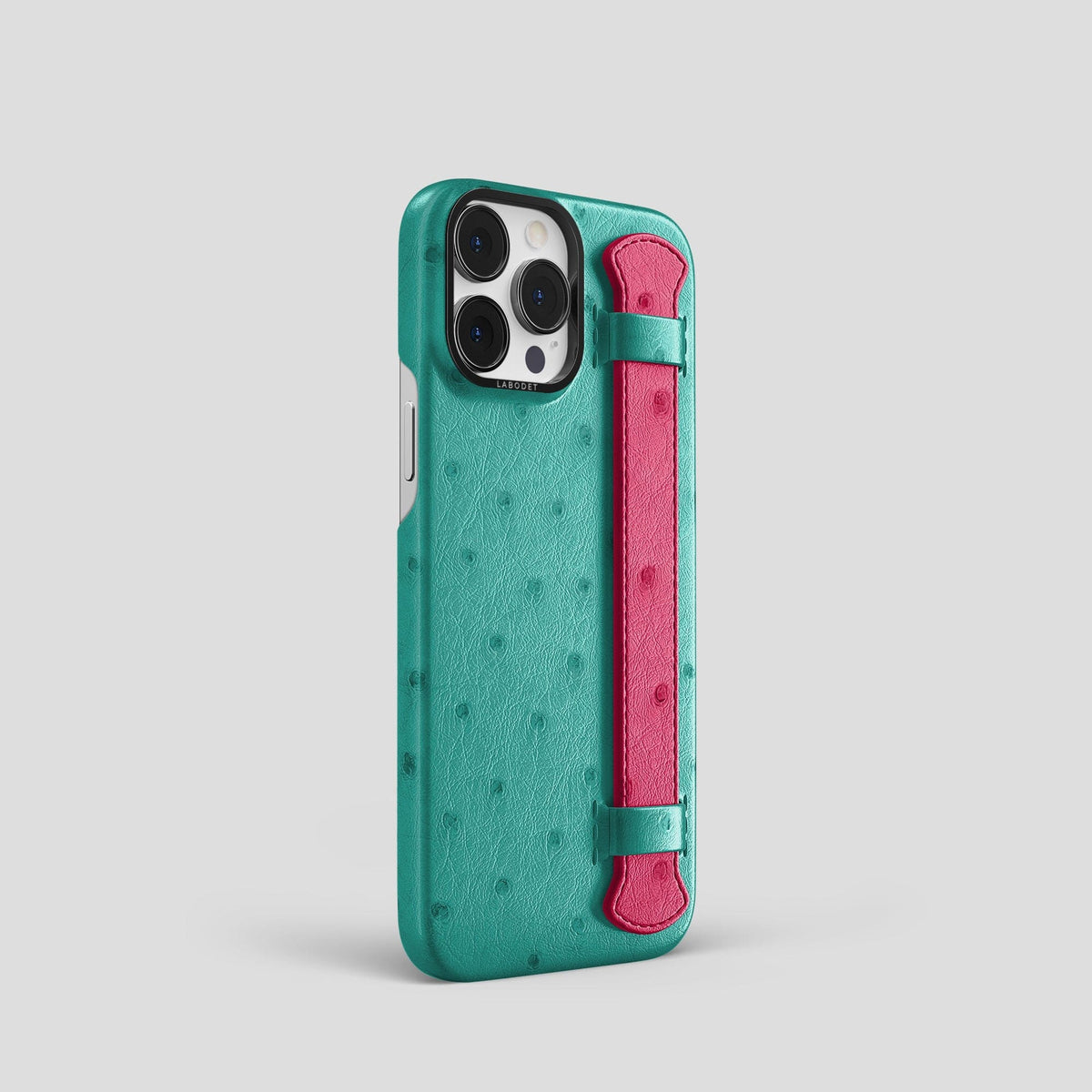 Green-Bordeaux iPhone 13 Pro Handle Case Colore Ostrich with Black Metal -2 | Green-Bordeaux-Black