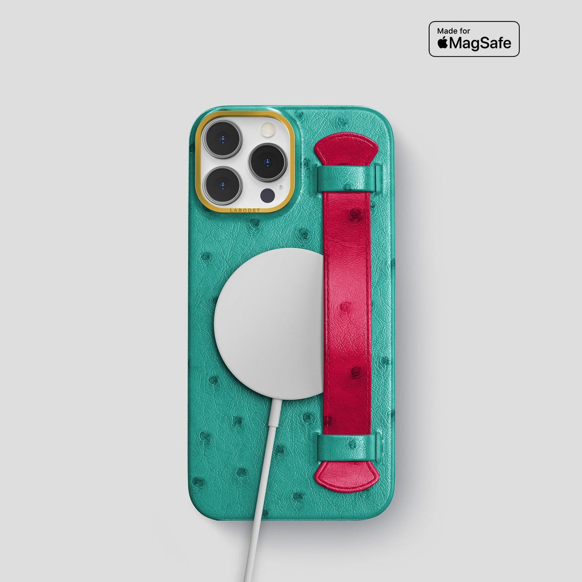 Green-Bordeaux iPhone 13 Pro Handle Case Colore Ostrich with Gold Metal -5 | Green-Bordeaux-Gold