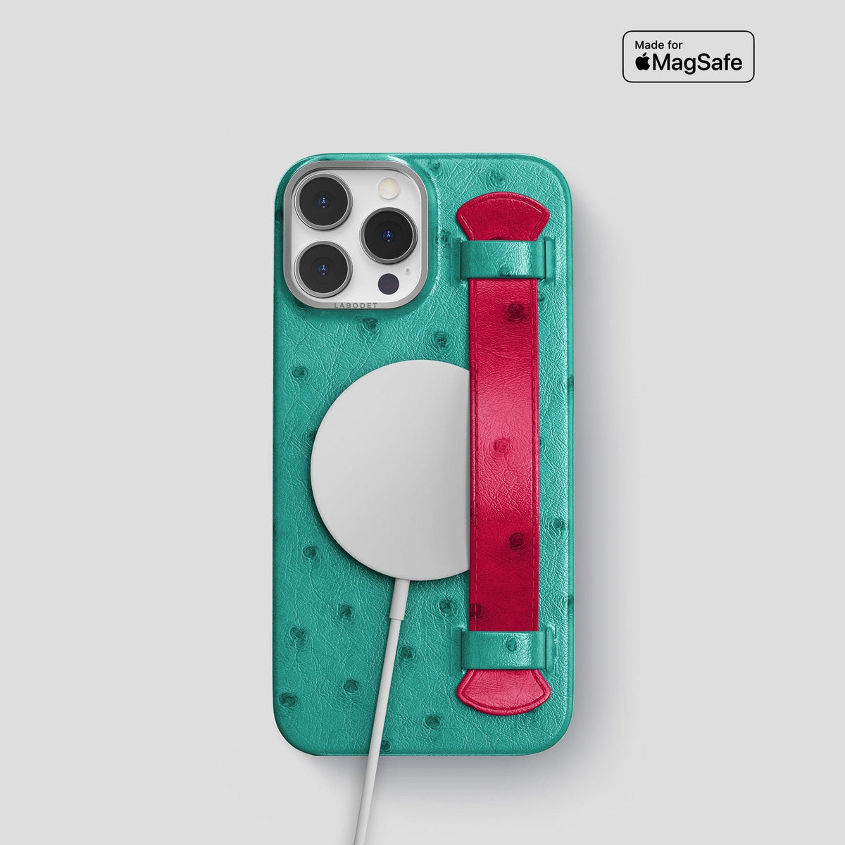 Green-Bordeaux iPhone 13 Pro Handle Case Colore Ostrich with Steel Metal -5 | Green-Bordeaux-Steel