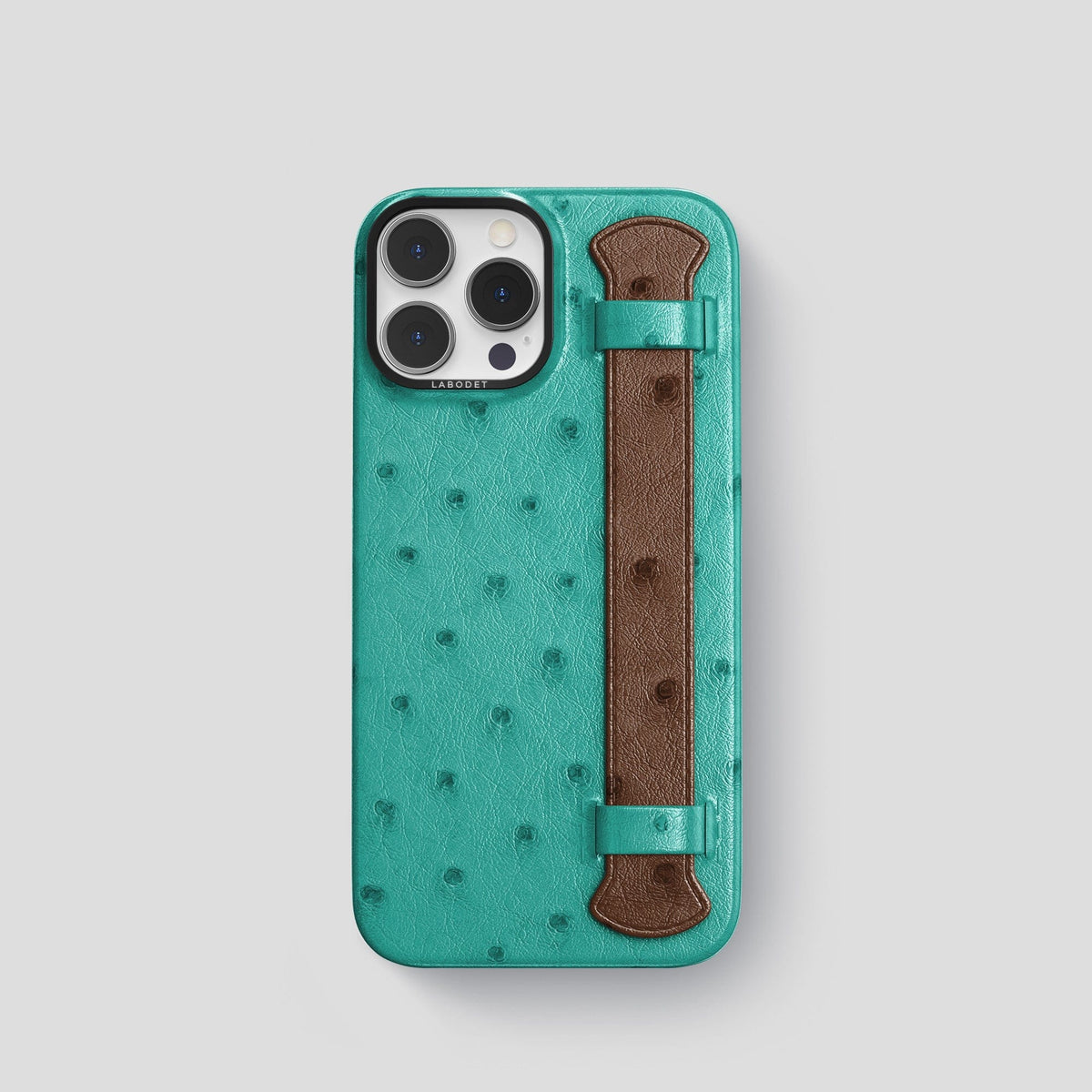 Green-Chocolate iPhone 13 Pro Handle Case Colore Ostrich with Black Metal -1 | Green-Chocolate-Black