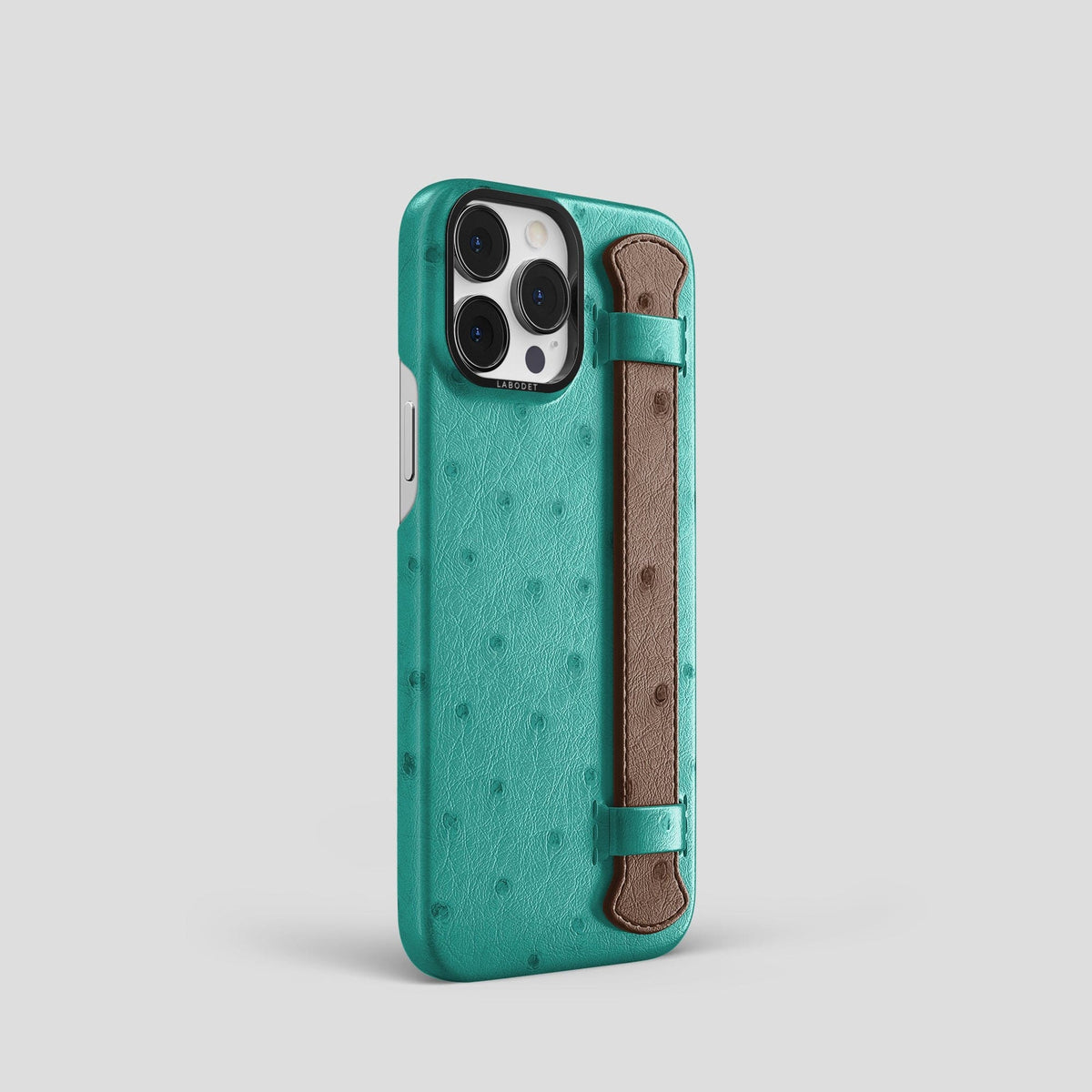 Green-Chocolate iPhone 13 Pro Handle Case Colore Ostrich with Black Metal -2 | Green-Chocolate-Black