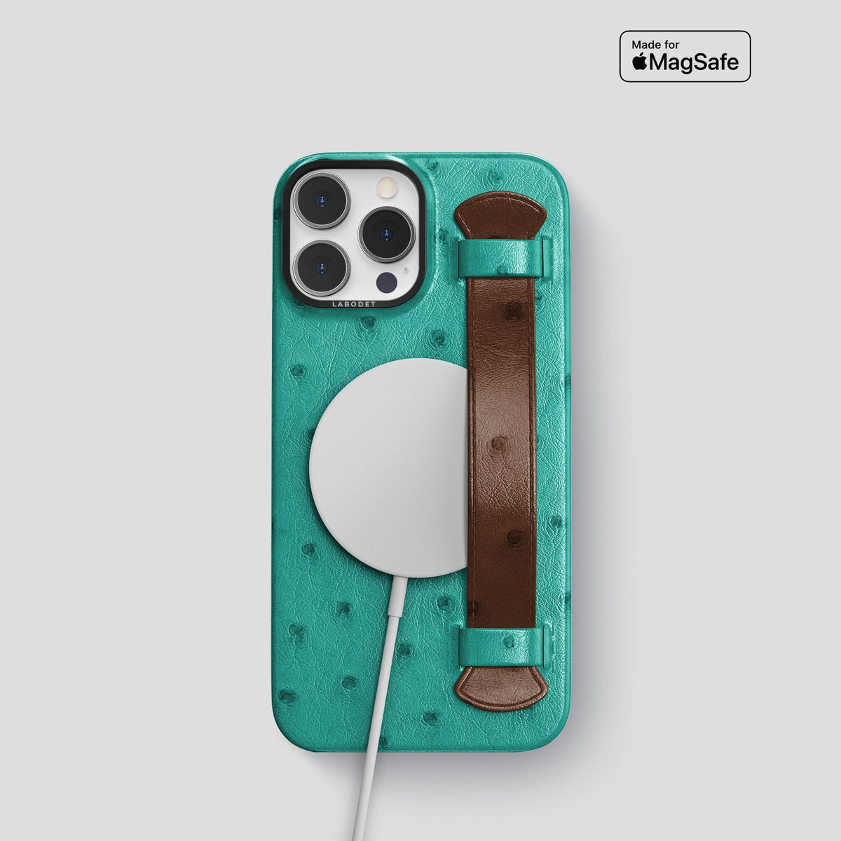 Green-Chocolate iPhone 13 Pro Handle Case Colore Ostrich with Black Metal -5 | Green-Chocolate-Black