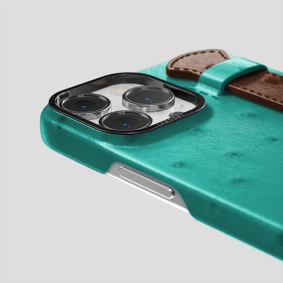 Green-Chocolate iPhone 13 Pro Handle Case Colore Ostrich with Black Metal -6 | Green-Chocolate-Black