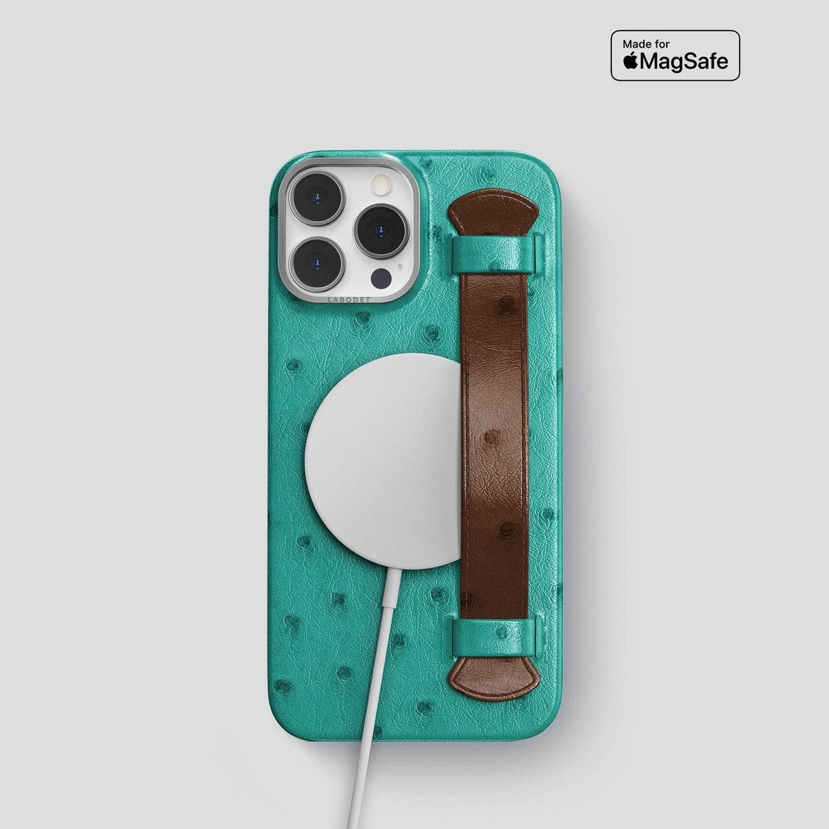 Green-Chocolate iPhone 13 Pro Handle Case Colore Ostrich with Steel Metal -5 | Green-Chocolate-Steel