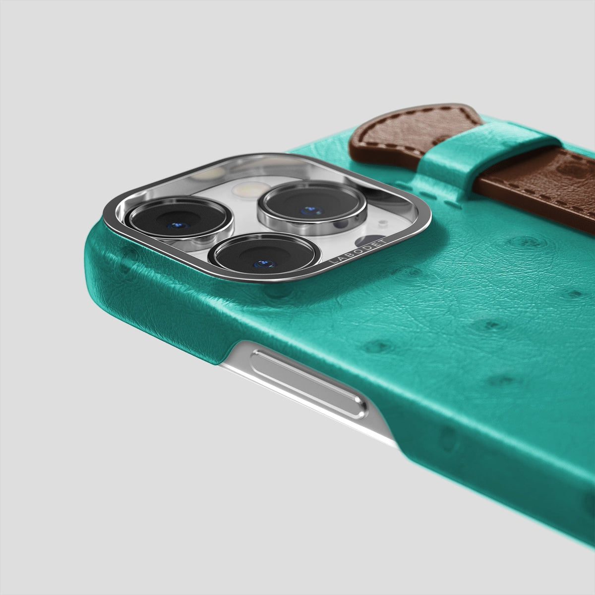 Green-Chocolate iPhone 13 Pro Handle Case Colore Ostrich with Steel Metal -6 | Green-Chocolate-Steel