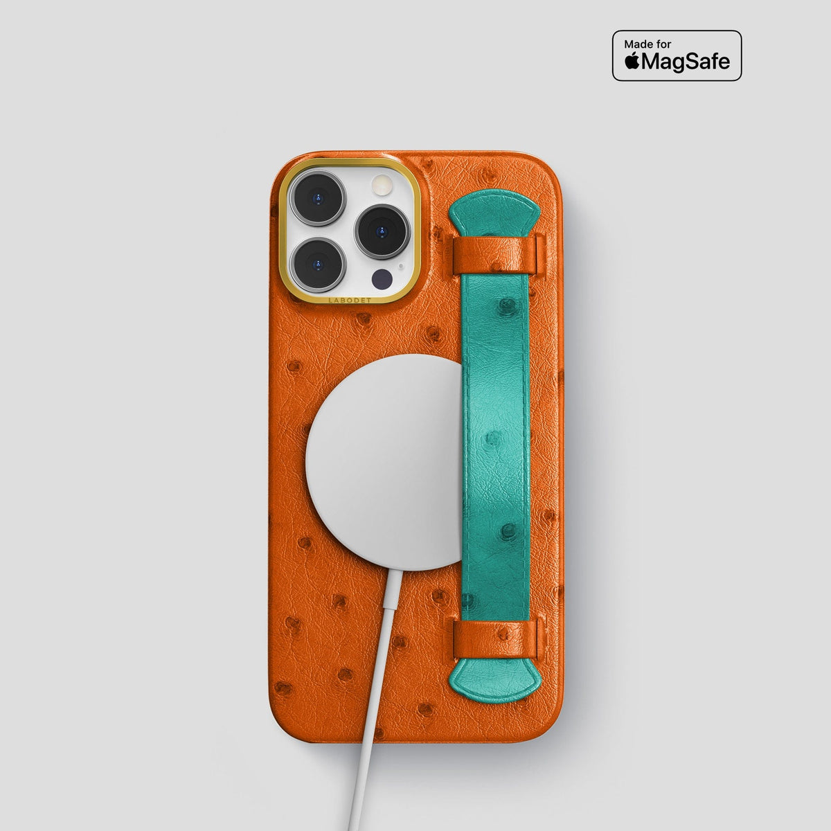 Medium-Brown-Green iPhone 13 Pro Handle Case Colore Ostrich with Gold Metal -5 | Medium-Brown-Green-Gold