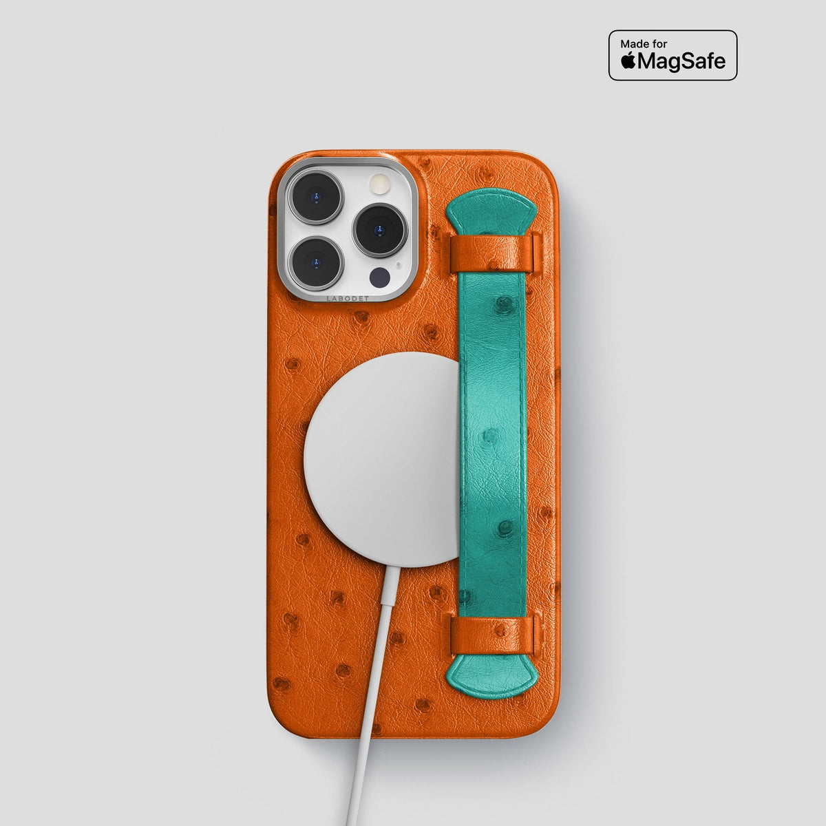 Medium-Brown-Green iPhone 13 Pro Handle Case Colore Ostrich with Steel Metal -5 | Medium-Brown-Green-Steel