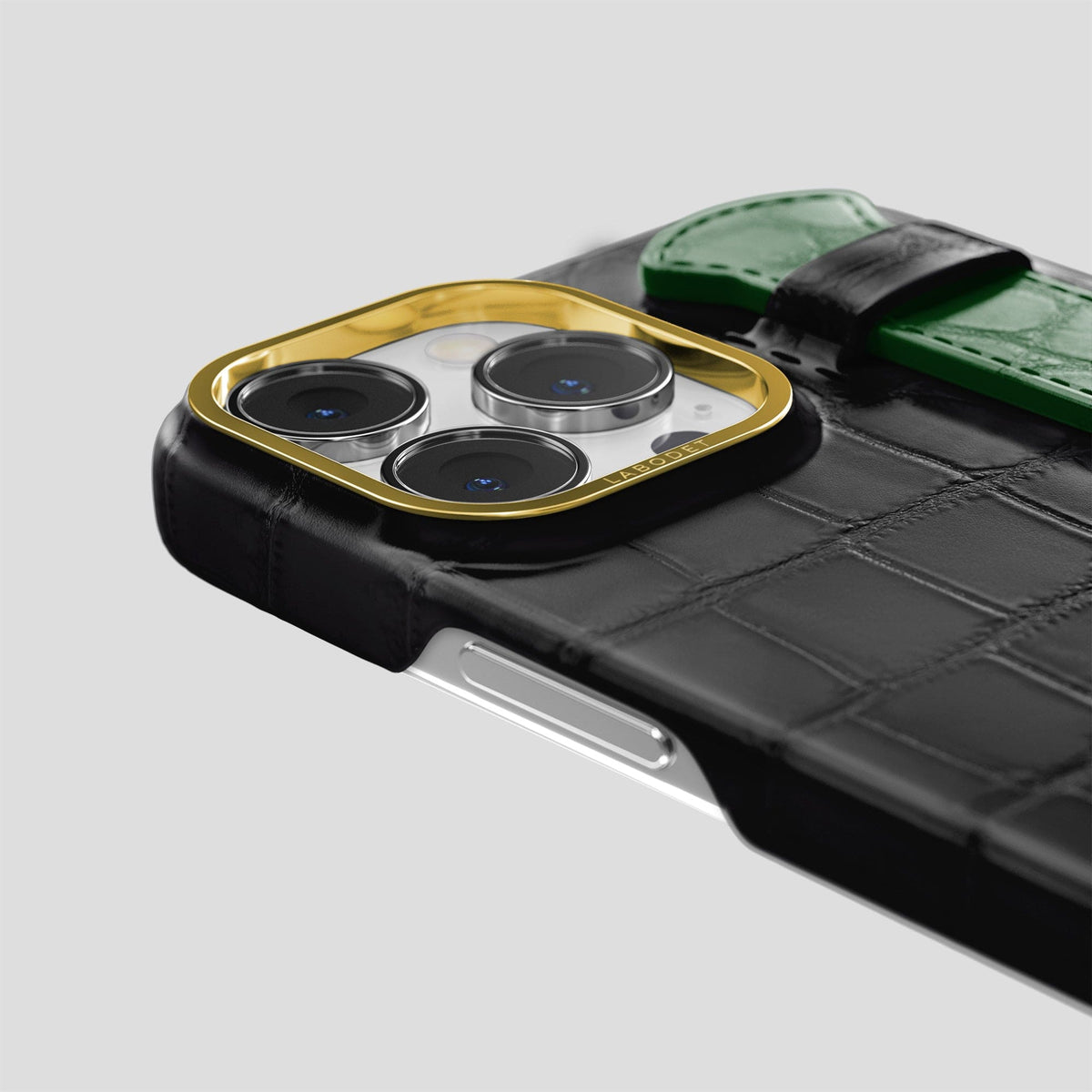 Black-Forest-Green iPhone 15 Pro Strap Case Alligator with Gold Metal -5 | Black-Forest-Green-Gold