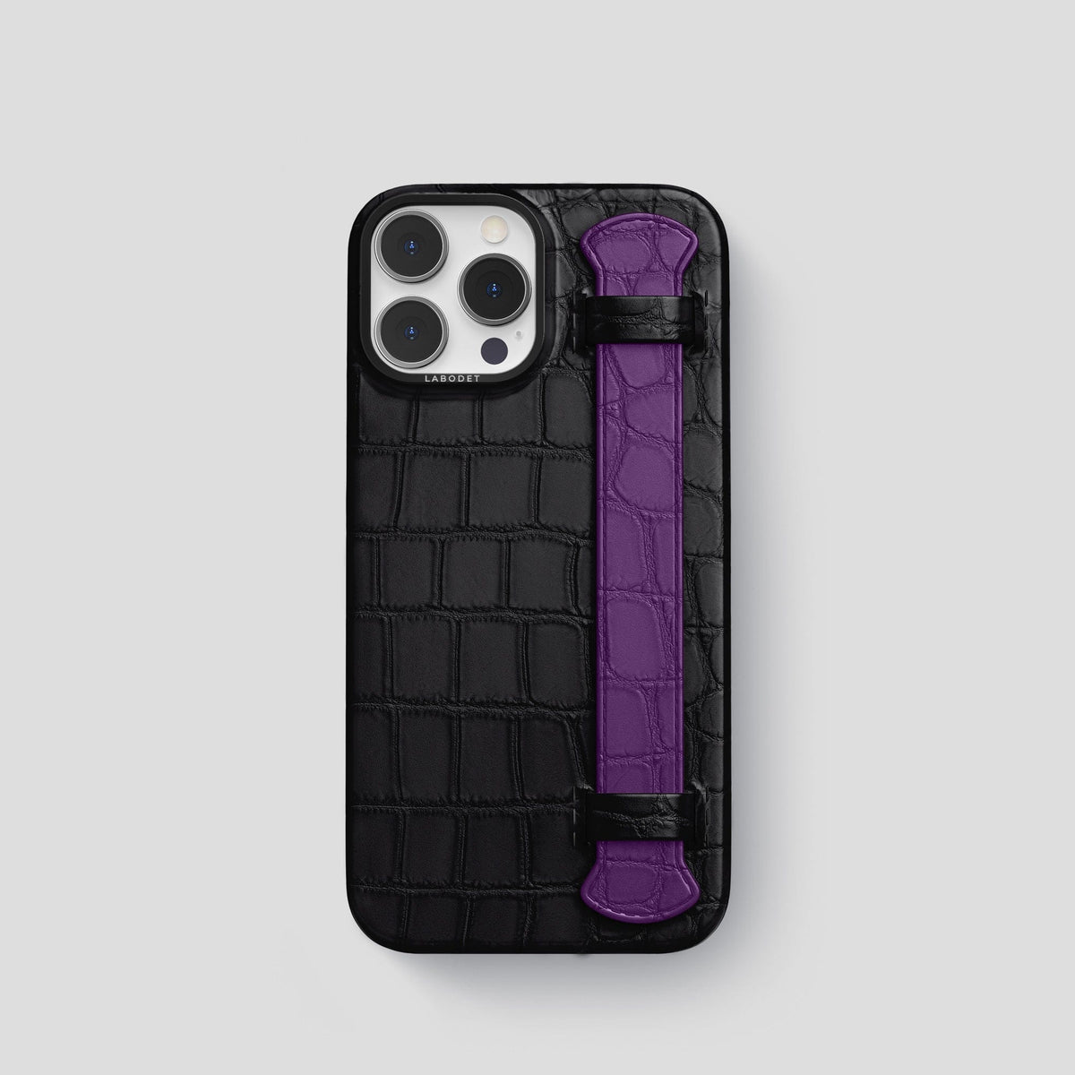 Black-Purple iPhone 14 Pro Strap Case Alligator with Black Metal -1 | Black-Purple-Black