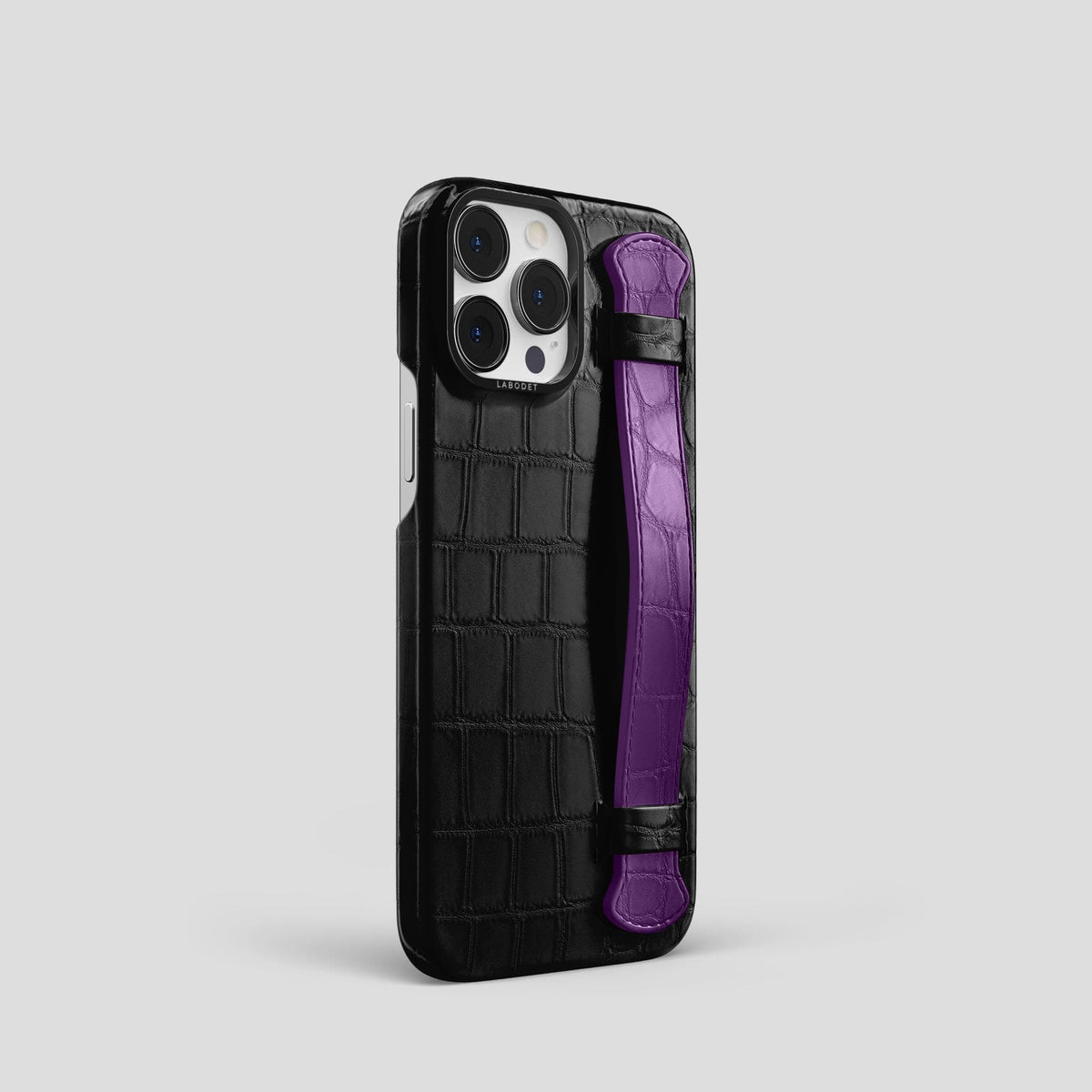 Black-Purple iPhone 14 Pro Strap Case Alligator with Black Metal -2 | Black-Purple-Black