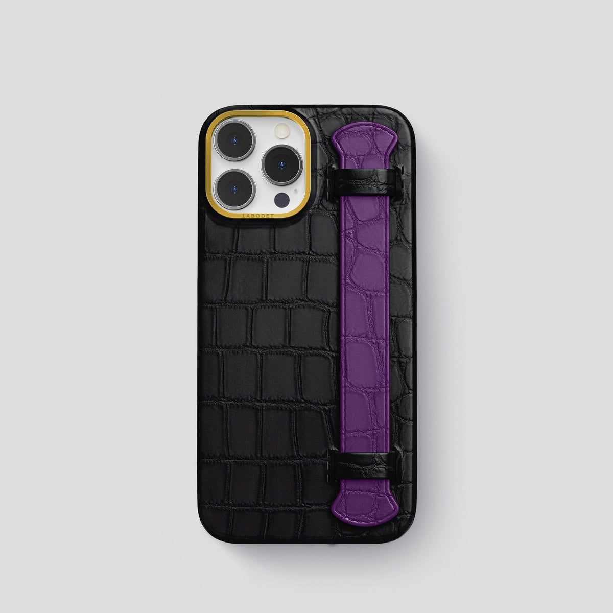 Black-Purple iPhone 15 Pro Strap Case Alligator with Gold Metal -1 | Black-Purple-Gold