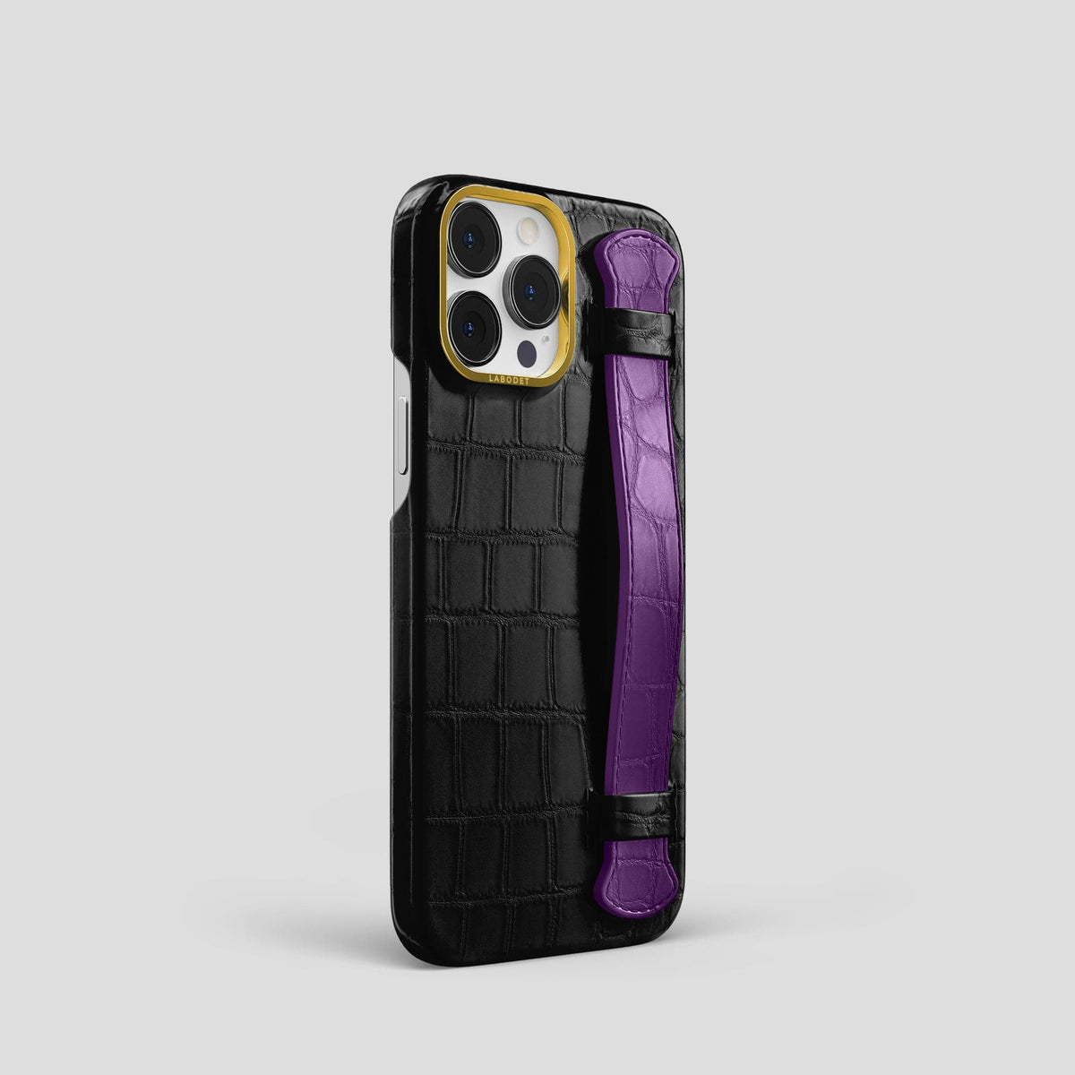 Black-Purple iPhone 14 Pro Strap Case Alligator with Gold Metal -2 | Black-Purple-Gold