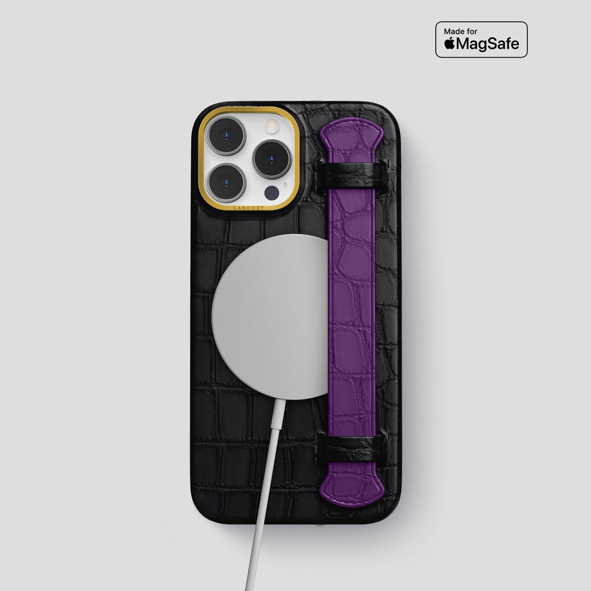 Black-Purple iPhone 14 Pro Strap Case Alligator with Gold Metal -4 | Black-Purple-Gold
