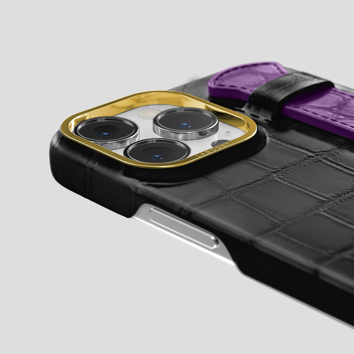 Black-Purple iPhone 15 Pro Strap Case Alligator with Gold Metal -5 | Black-Purple-Gold