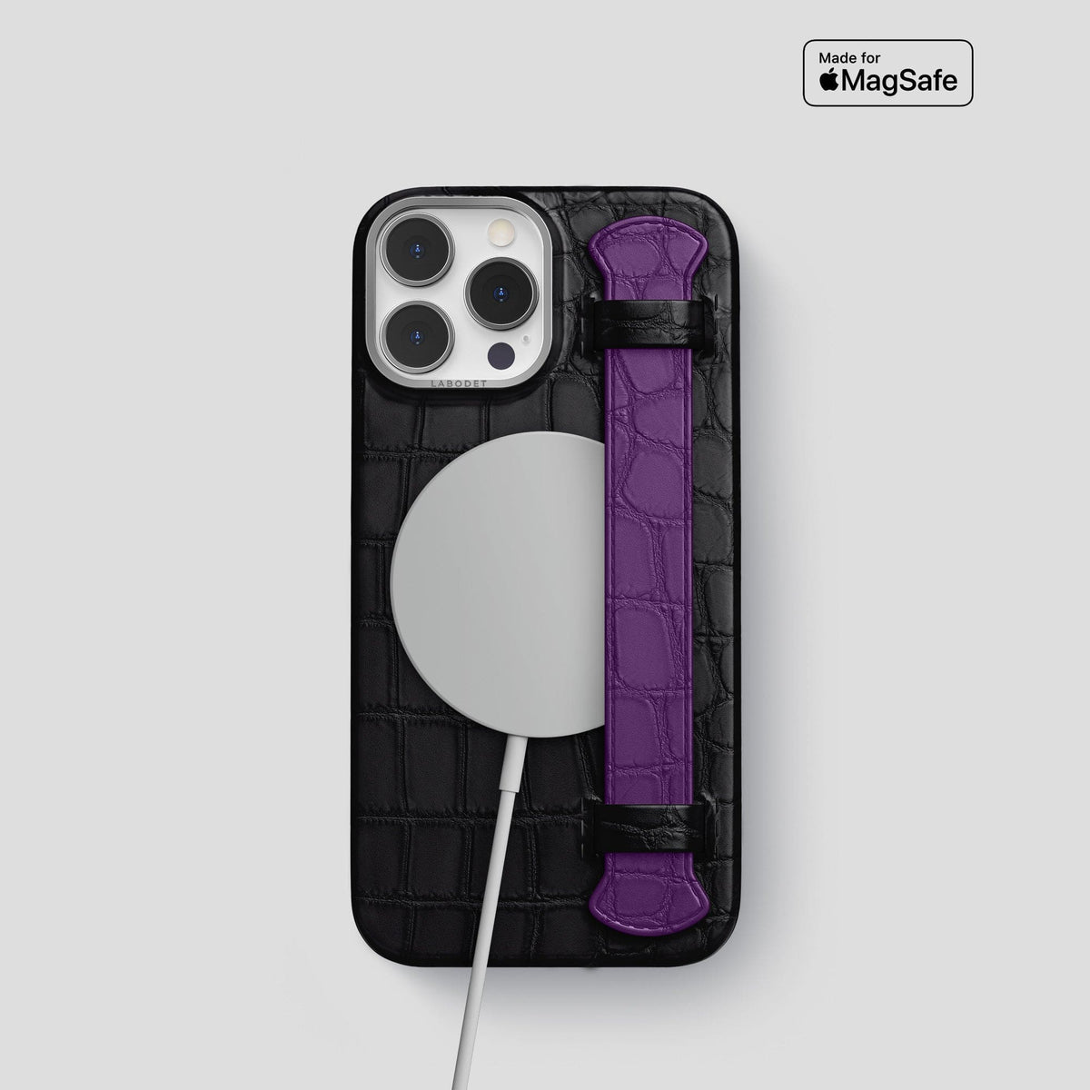 Black-Purple iPhone 14 Pro Strap Case Alligator with Steel Metal -4 | Black-Purple-Steel