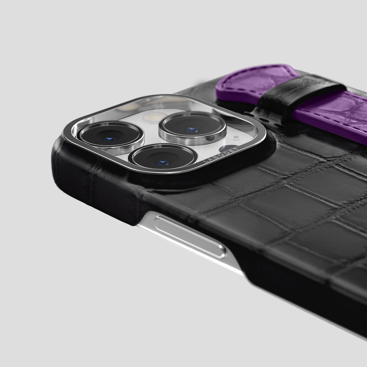 Black-Purple iPhone 15 Pro Strap Case Alligator with Steel Metal -5 | Black-Purple-Steel