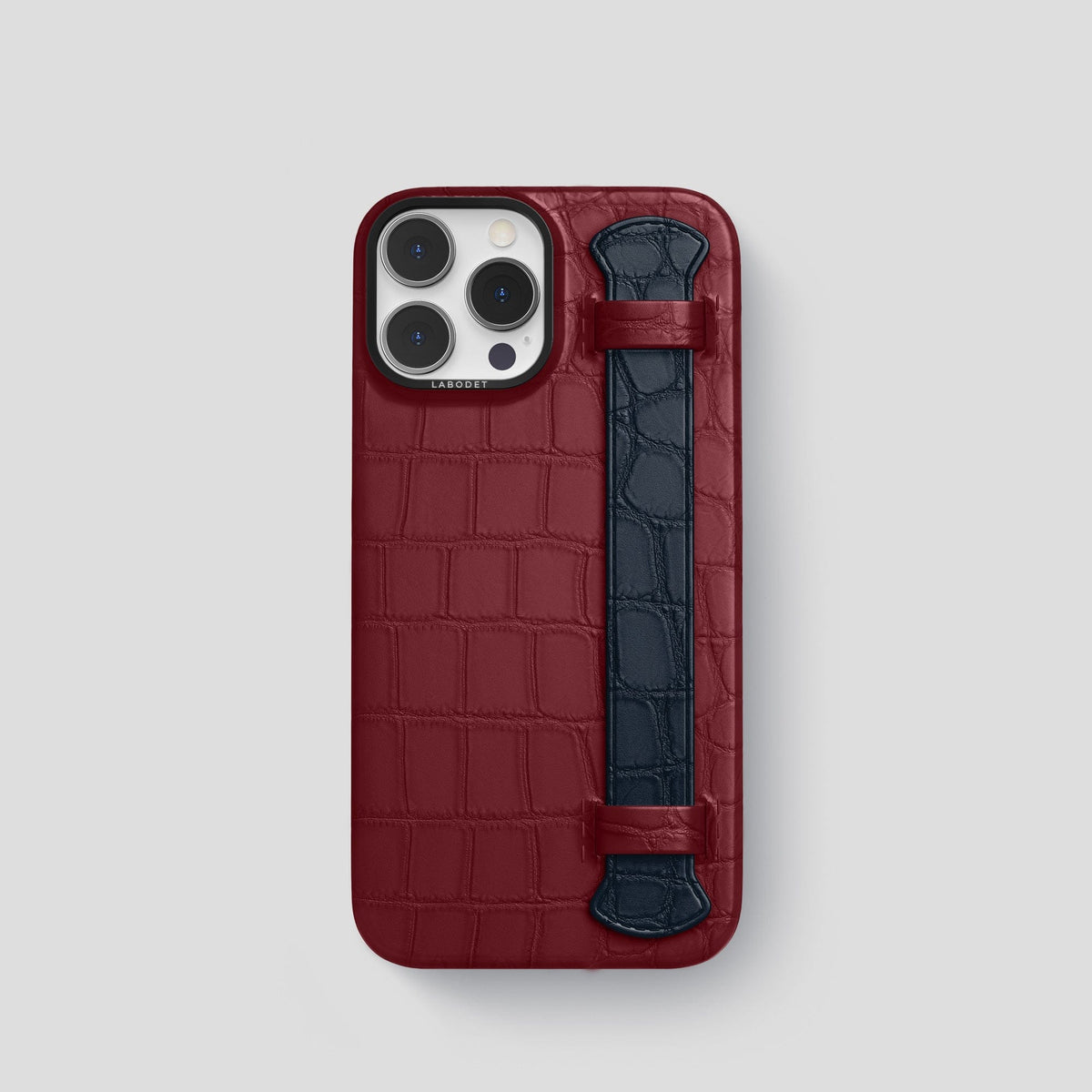 Burgundy-Navy-Blue iPhone 15 Pro Strap Case Alligator with Black Metal -1 | Burgundy-Navy-Blue-Black