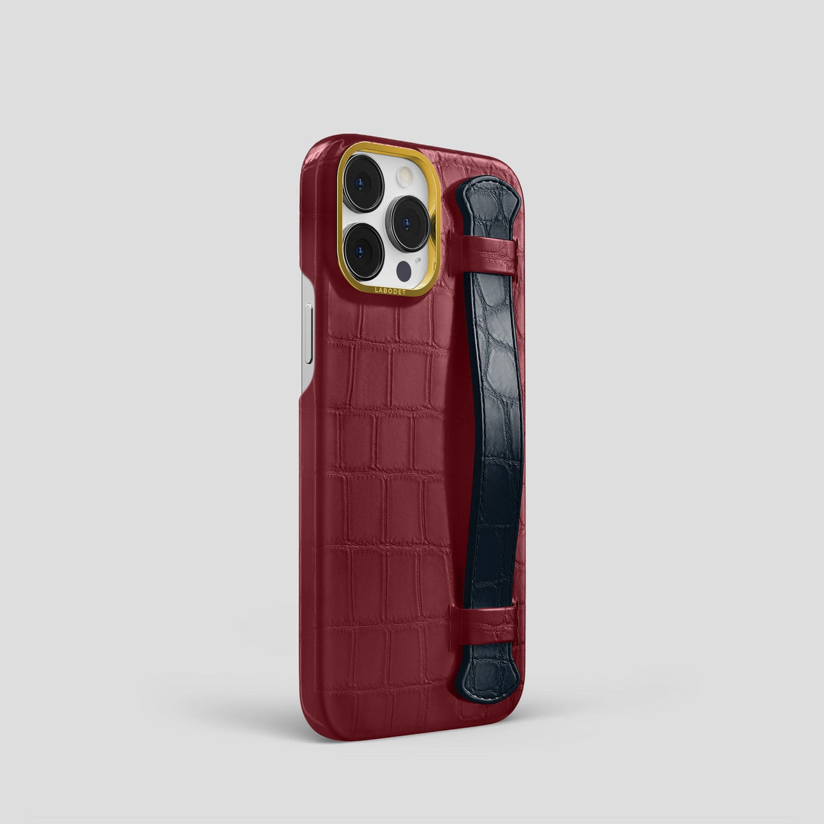 Burgundy-Navy-Blue iPhone 14 Pro Strap Case Alligator with Gold Metal -2 | Burgundy-Navy-Blue-Gold