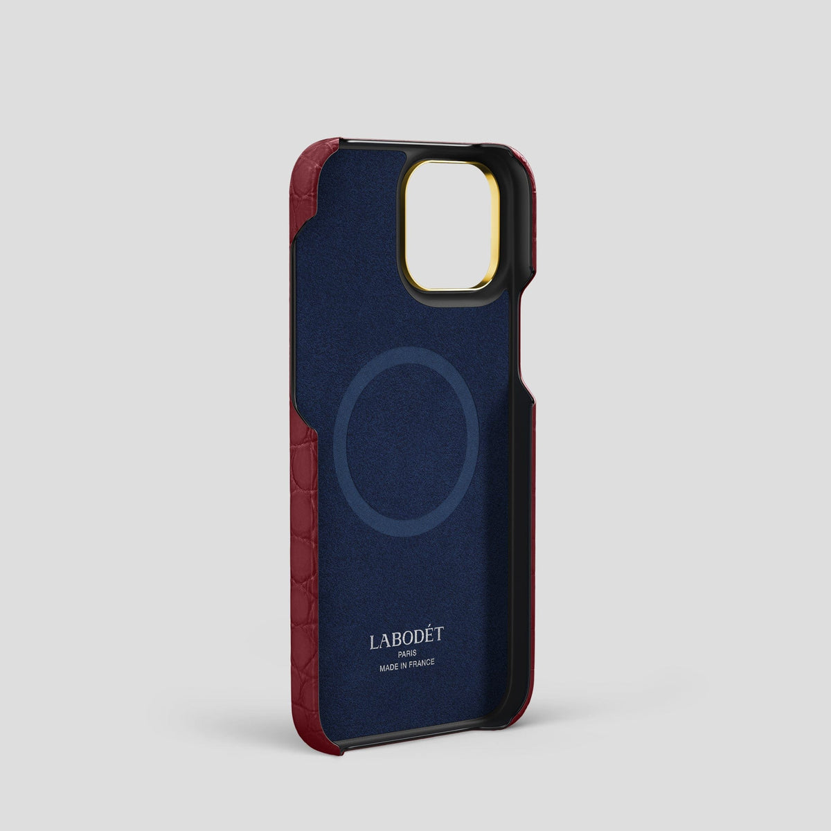 Burgundy-Navy-Blue iPhone 14 Pro Strap Case Alligator with Gold Metal -3 | Burgundy-Navy-Blue-Gold