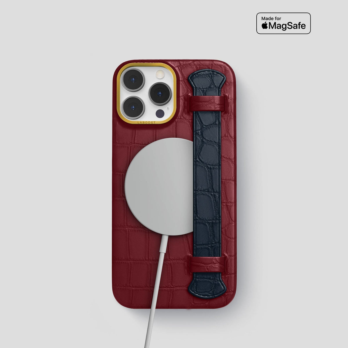 Burgundy-Navy-Blue iPhone 15 Pro Strap Case Alligator with Gold Metal -4 | Burgundy-Navy-Blue-Gold