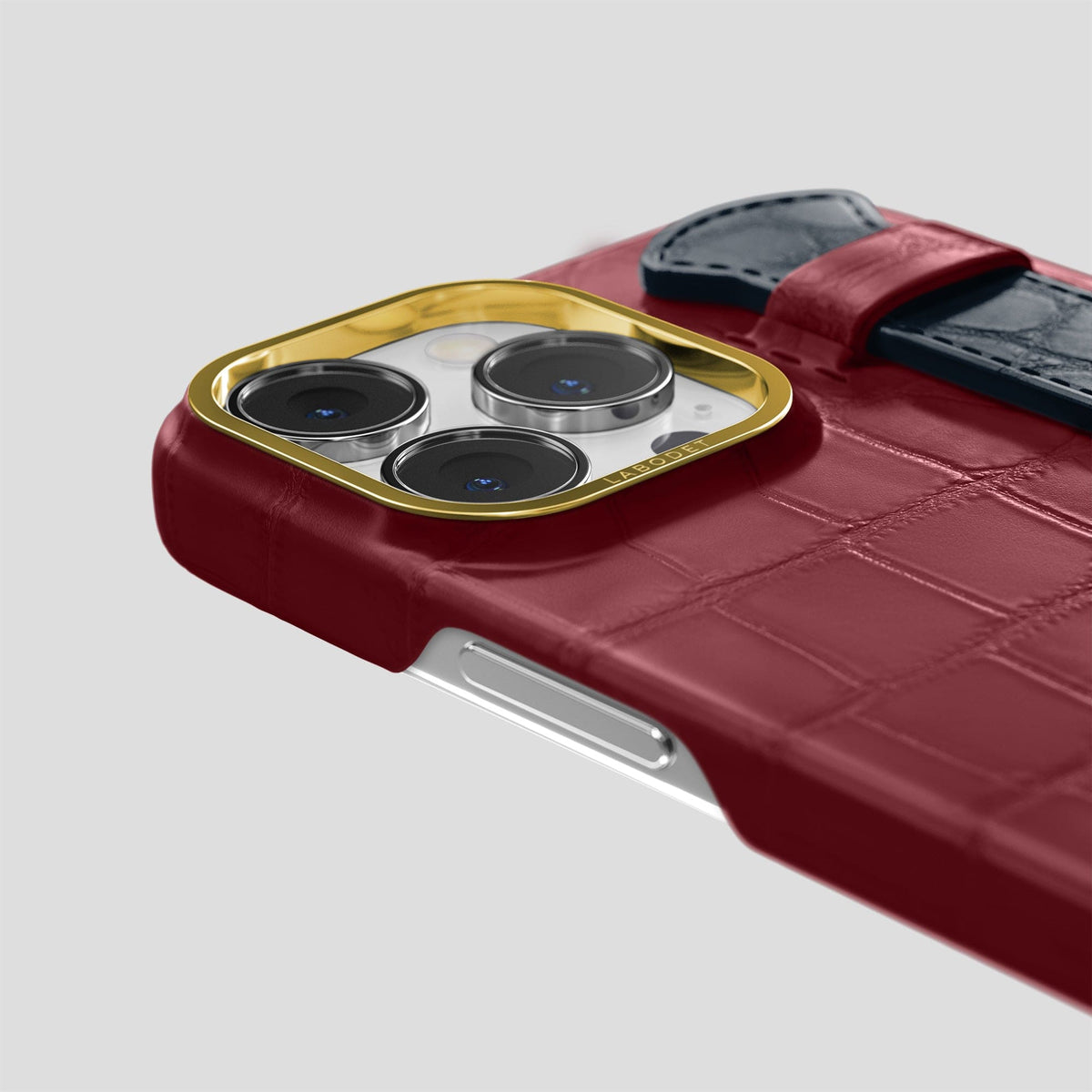 Burgundy-Navy-Blue iPhone 14 Pro Strap Case Alligator with Gold Metal -5 | Burgundy-Navy-Blue-Gold
