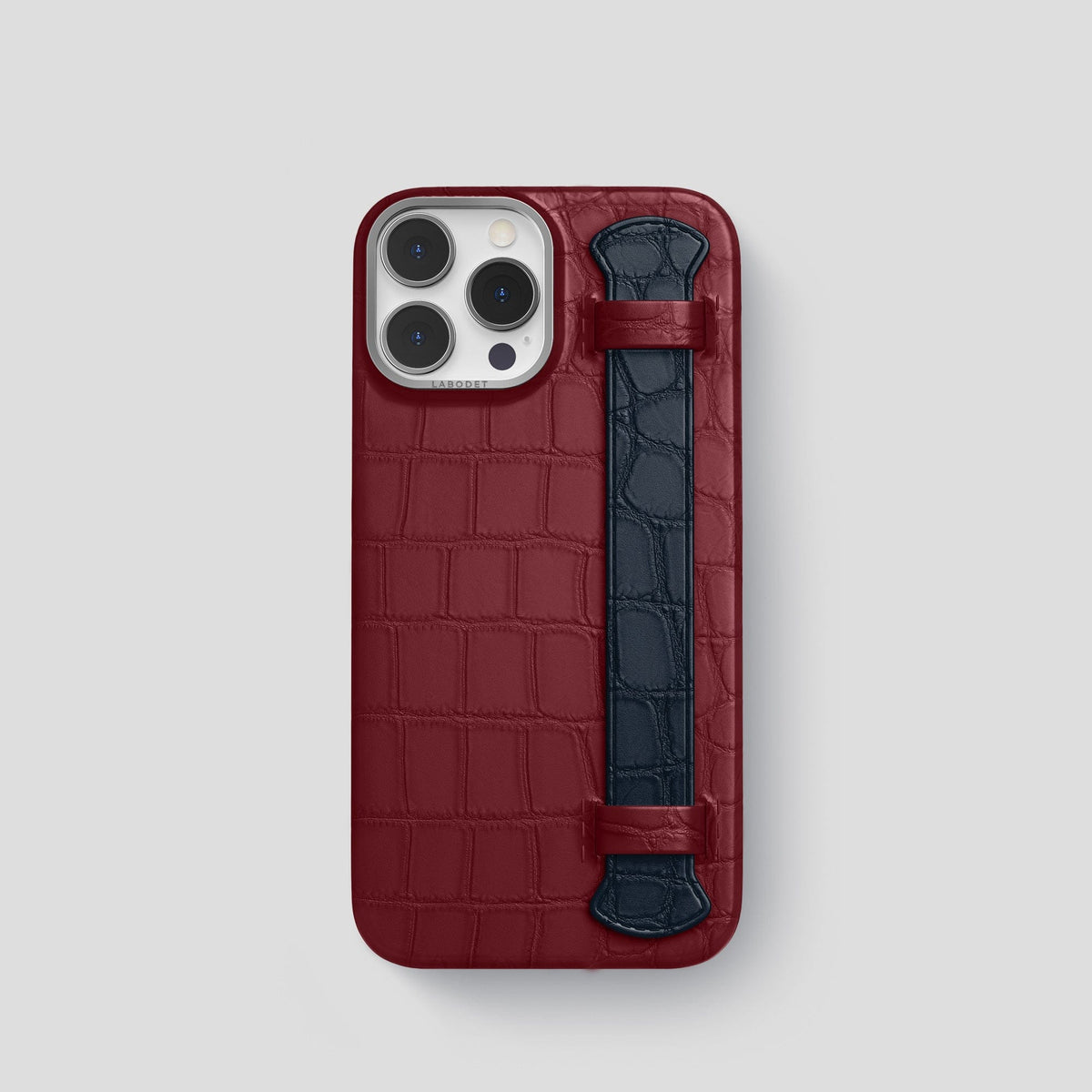 Burgundy-Navy-Blue iPhone 14 Pro Strap Case Alligator with Steel Metal -1 | Burgundy-Navy-Blue-Steel