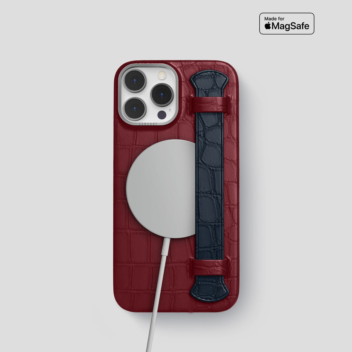 Burgundy-Navy-Blue iPhone 14 Pro Strap Case Alligator with Steel Metal -4 | Burgundy-Navy-Blue-Steel
