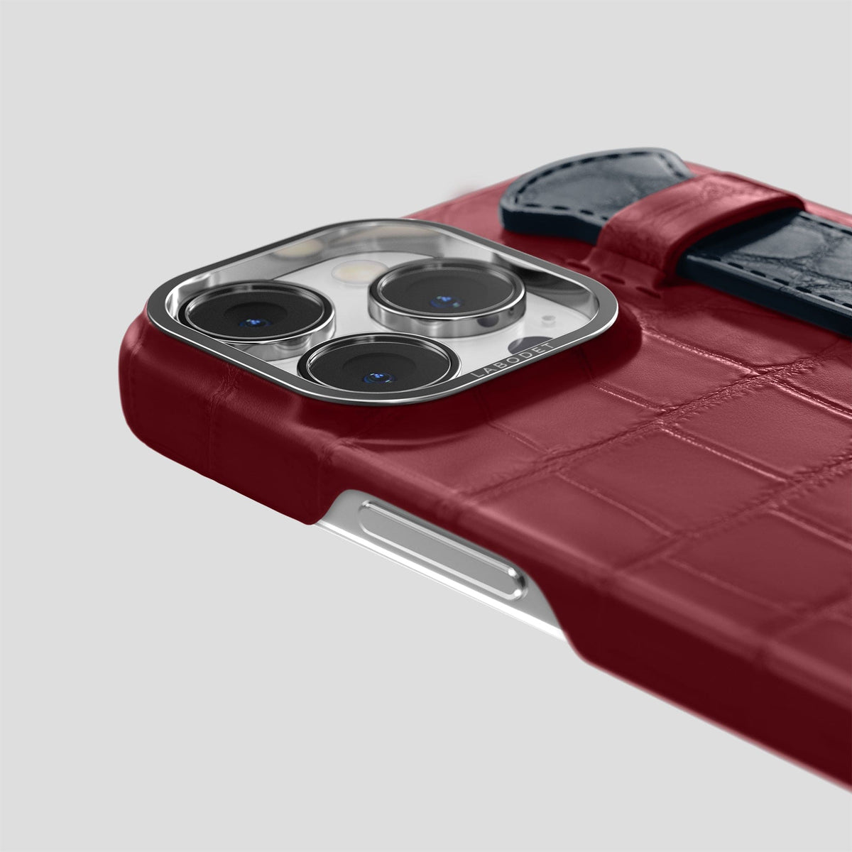 Burgundy-Navy-Blue iPhone 15 Pro Strap Case Alligator with Steel Metal -5 | Burgundy-Navy-Blue-Steel