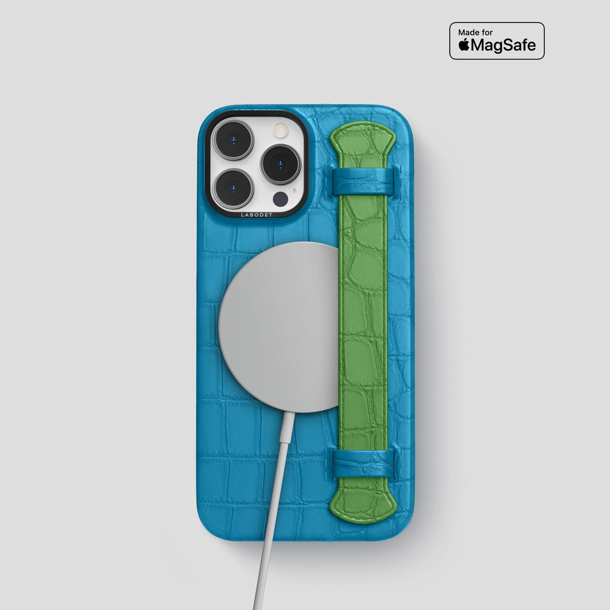 Curaçao-Blue-Apple-Green iPhone 15 Pro Strap Case Alligator with Black Metal -4 | Curaçao-Blue-Apple-Green-Black