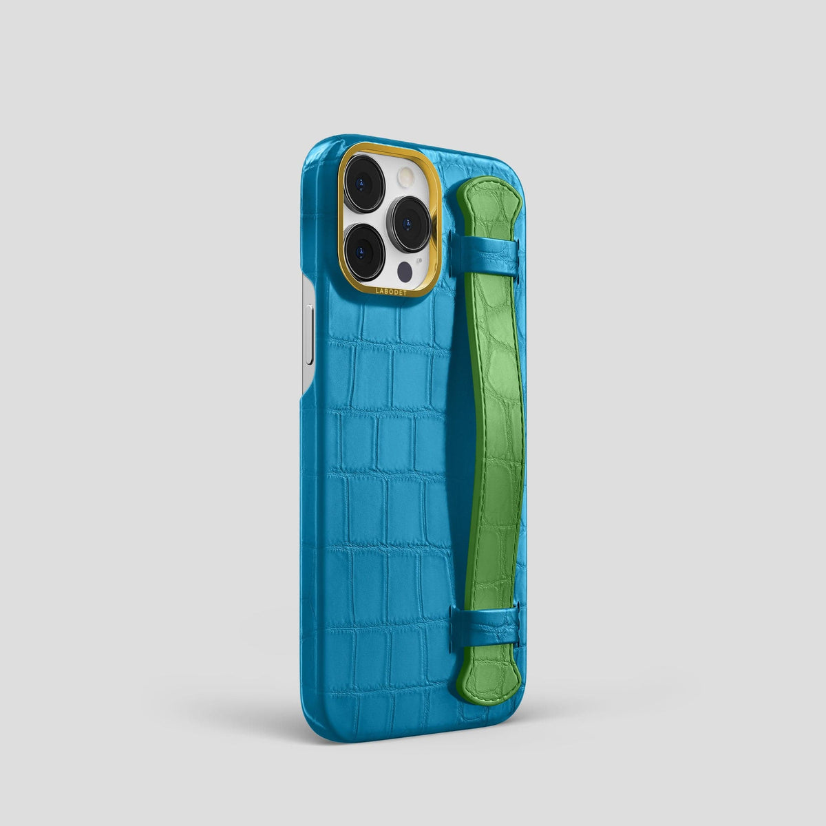 Curaçao-Blue-Apple-Green iPhone 14 Pro Strap Case Alligator with Gold Metal -2 | Curaçao-Blue-Apple-Green-Gold