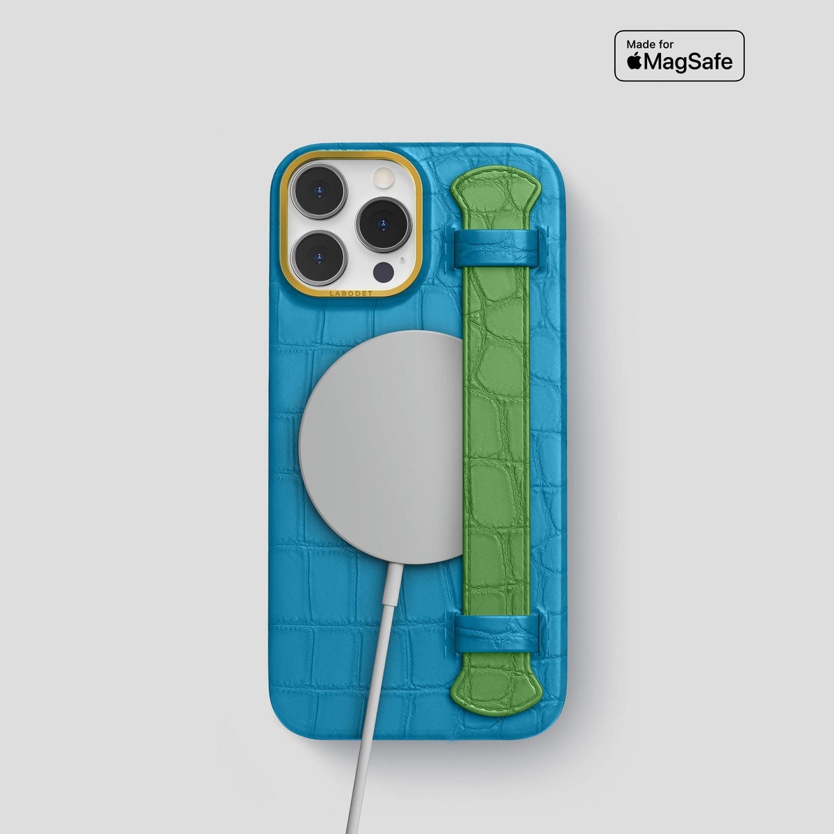 Curaçao-Blue-Apple-Green iPhone 15 Pro Strap Case Alligator with Gold Metal -4 | Curaçao-Blue-Apple-Green-Gold