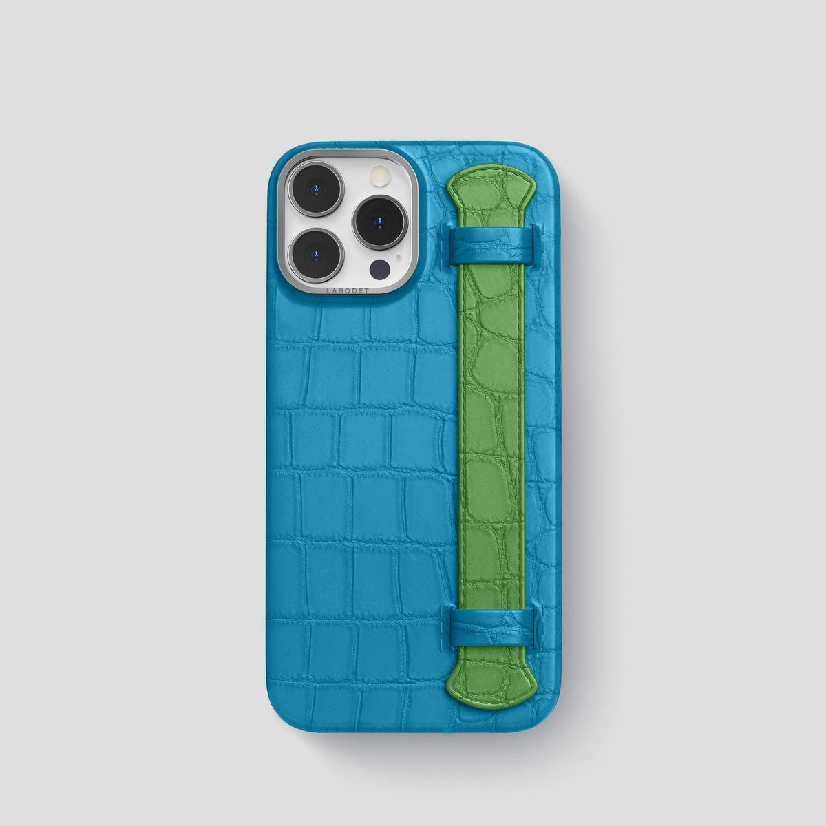 Curaçao-Blue-Apple-Green iPhone 14 Pro Strap Case Alligator with Steel Metal -1 | Curaçao-Blue-Apple-Green-Steel