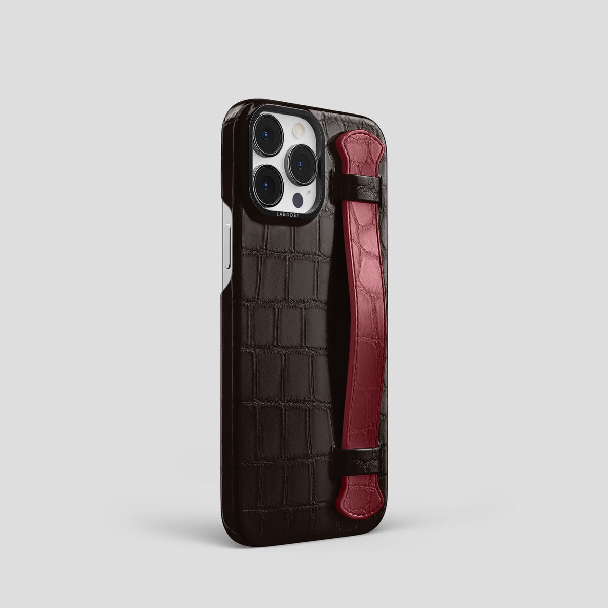 Dark-Brown-Burgundy iPhone 15 Pro Strap Case Alligator with Black Metal -2 | Dark-Brown-Burgundy-Black