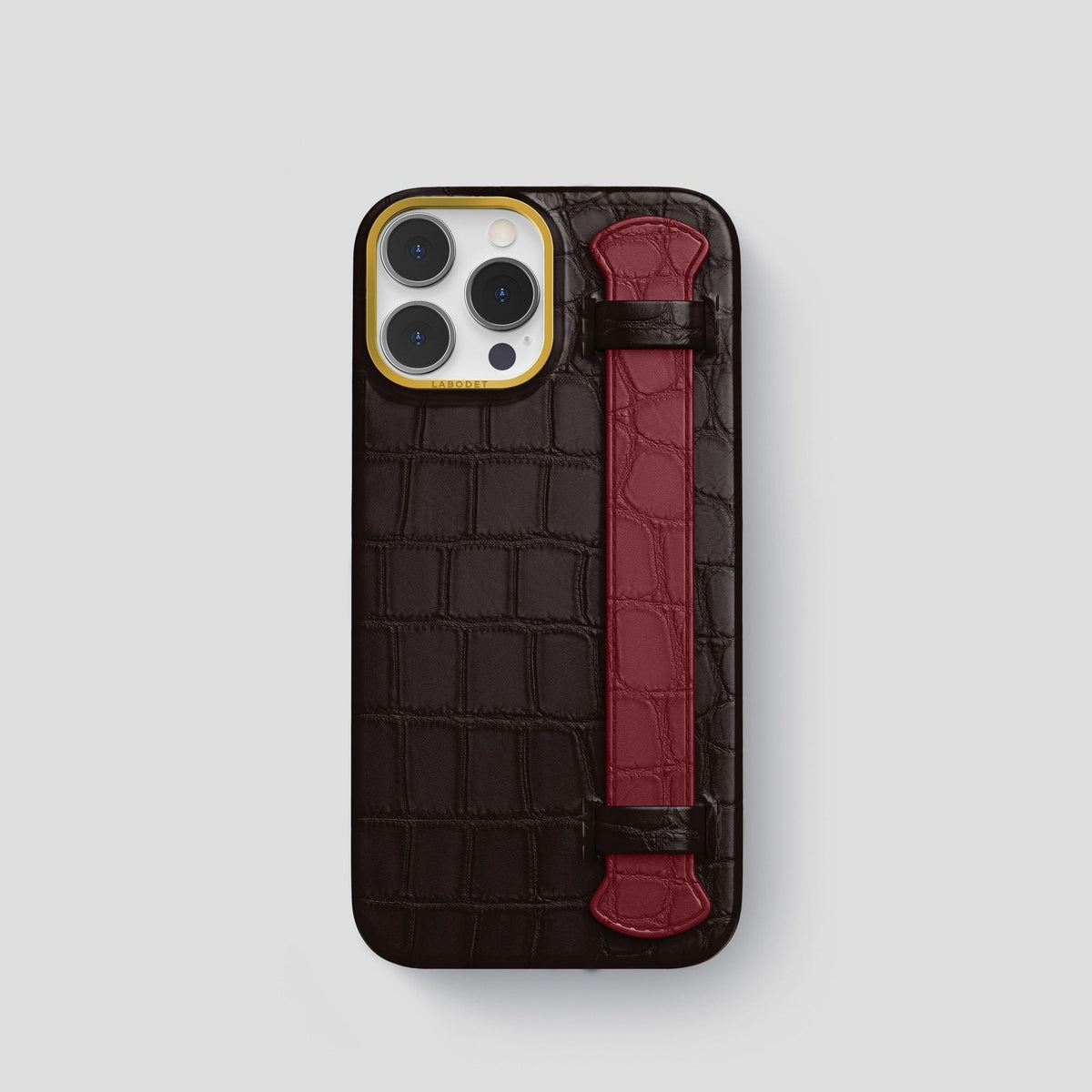 Dark-Brown-Burgundy iPhone 14 Pro Strap Case Alligator with Gold Metal -1 | Dark-Brown-Burgundy-Gold