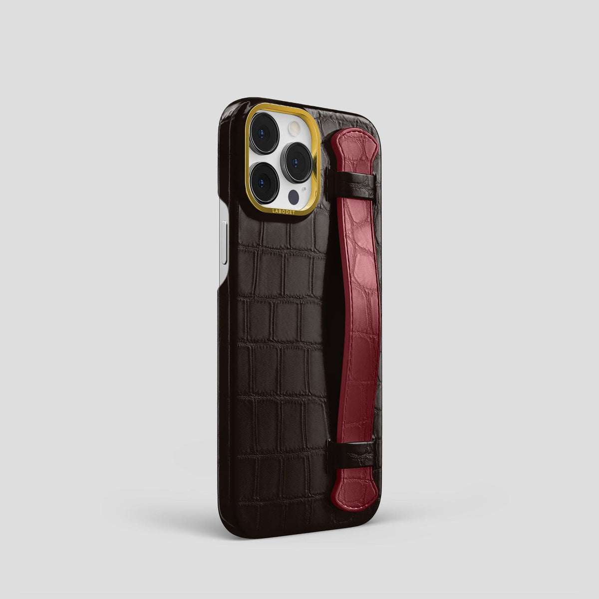 Dark-Brown-Burgundy iPhone 14 Pro Strap Case Alligator with Gold Metal -2 | Dark-Brown-Burgundy-Gold