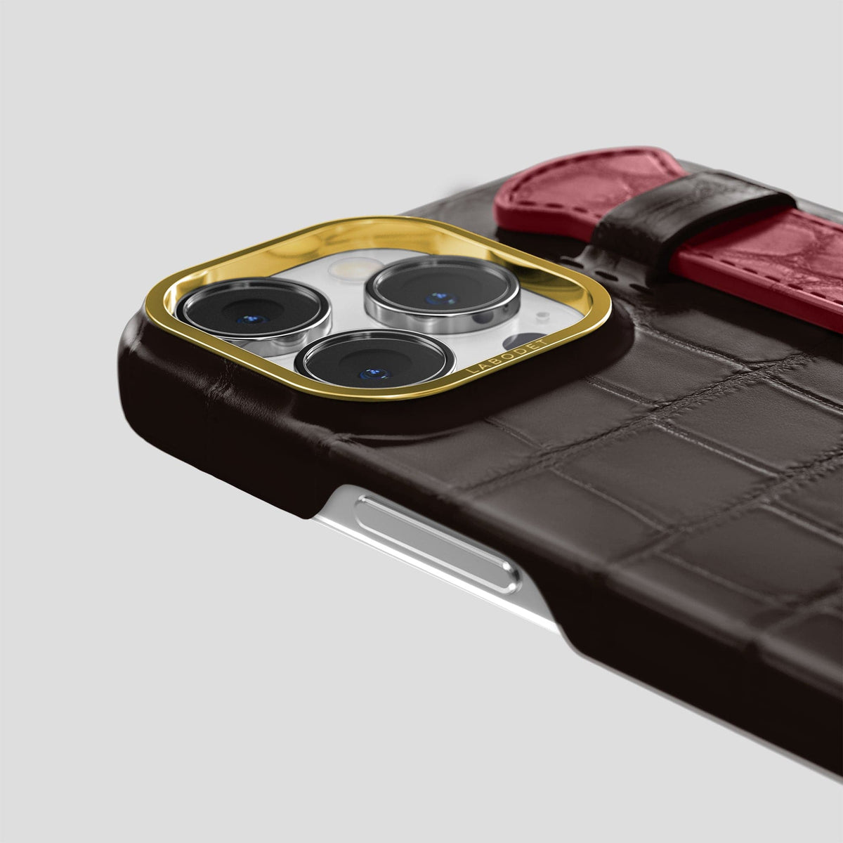 Dark-Brown-Burgundy iPhone 15 Pro Strap Case Alligator with Gold Metal -5 | Dark-Brown-Burgundy-Gold