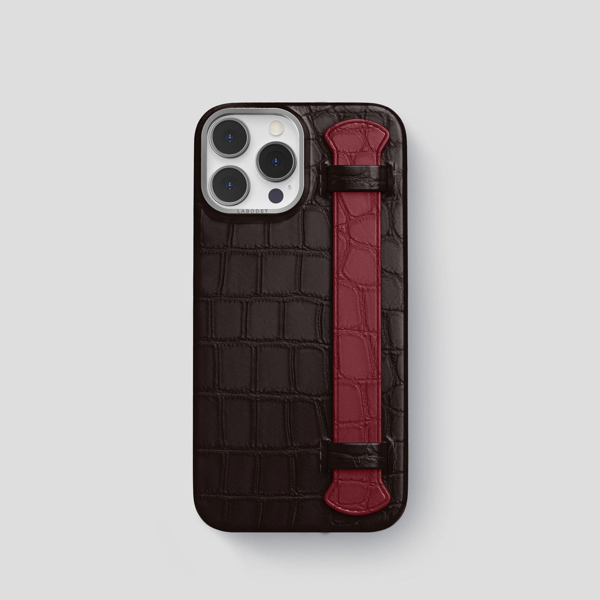 Dark-Brown-Burgundy iPhone 15 Pro Strap Case Alligator with Steel Metal -1 | Dark-Brown-Burgundy-Steel