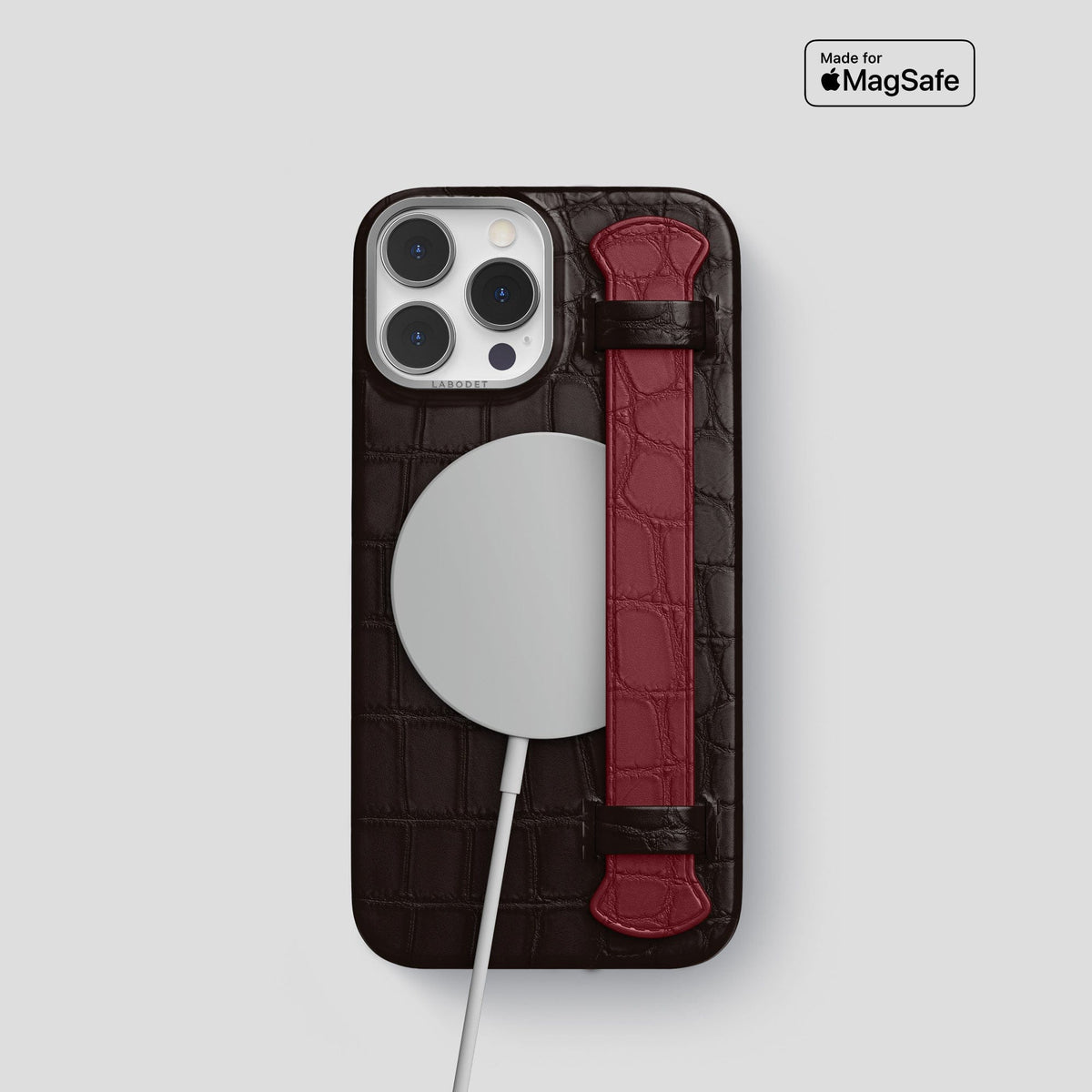 Dark-Brown-Burgundy iPhone 14 Pro Strap Case Alligator with Steel Metal -4 | Dark-Brown-Burgundy-Steel