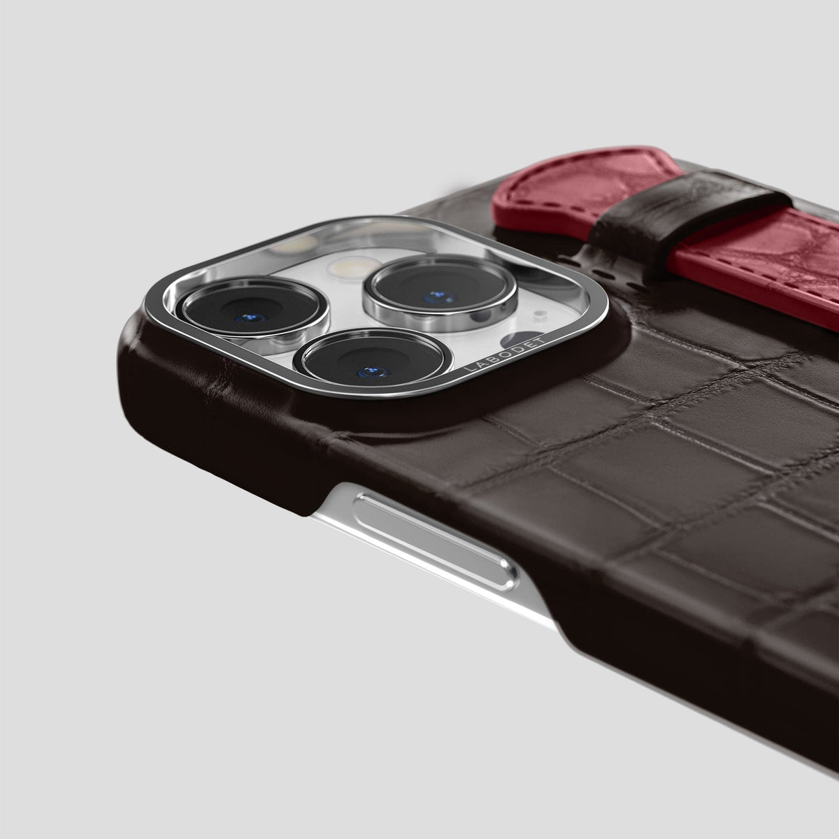 Dark-Brown-Burgundy iPhone 14 Pro Strap Case Alligator with Steel Metal -5 | Dark-Brown-Burgundy-Steel