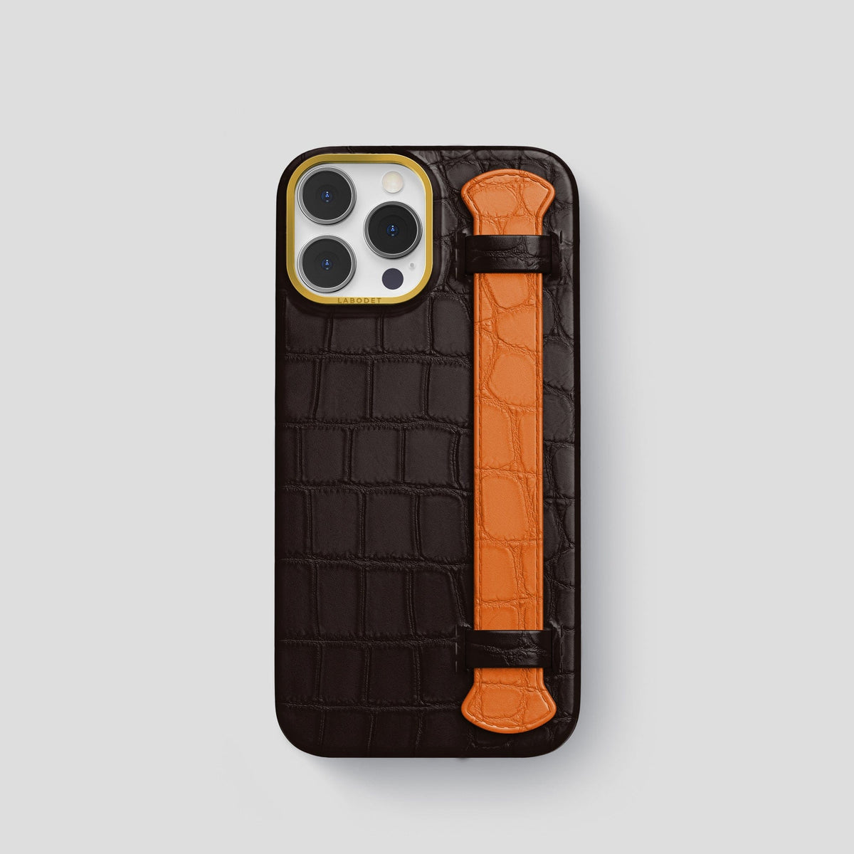 Dark-Brown-Honey iPhone 14 Pro Strap Case Alligator with Gold Metal -1 | Dark-Brown-Honey-Gold